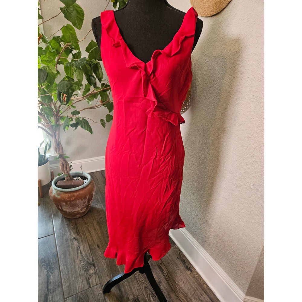 Vintage Breakin Loose Red Ruffle V-Neck Midi Dress Sleeveless 9/10 Made in USA